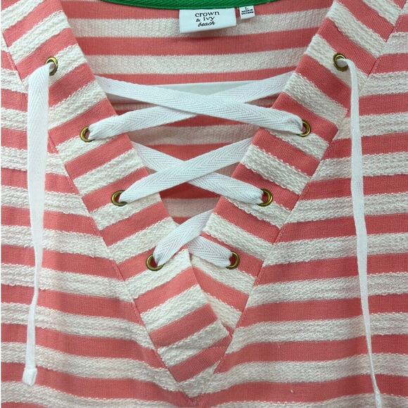 Crown & Ivy Beach Womens Coral Striped Lace Up V-Neck Top Size Large Lightweight - Picture 6 of 7
